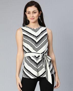 striped sleeveless top with tie-up waist