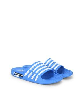 striped slides with brand print