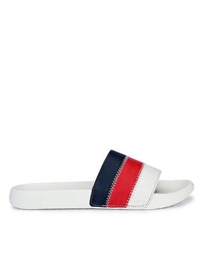 striped slides with synthetic upper