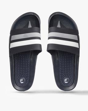 striped slides with textured footbed