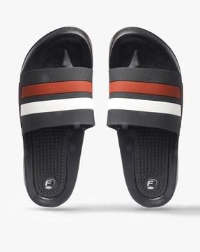 striped slides with textured footbed