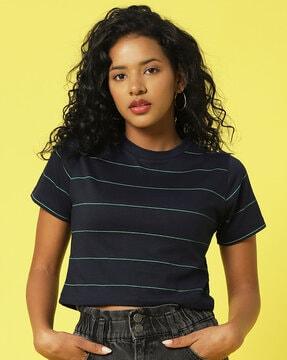 striped slim fit crop top with short sleeves