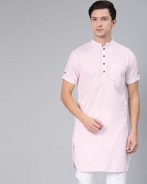 striped slim fit kurta with mandarin collar