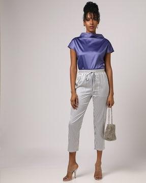 striped slim fit pants with drawstring waist