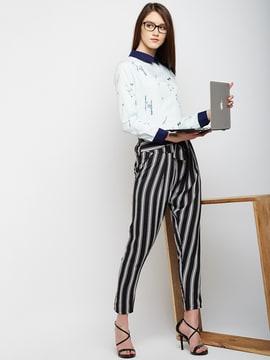 striped slim-fit pants with fabric-belt
