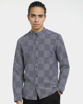 striped slim fit shirt with band collar