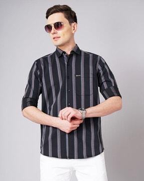 striped slim fit shirt with patch pocket