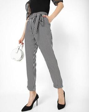 striped slim fit trousers paper-bag waist