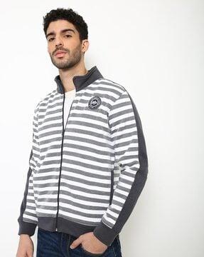 striped slim fit zip-front sweatshirt with pockets