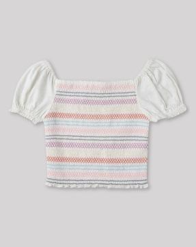 striped smocked top with puff sleeves
