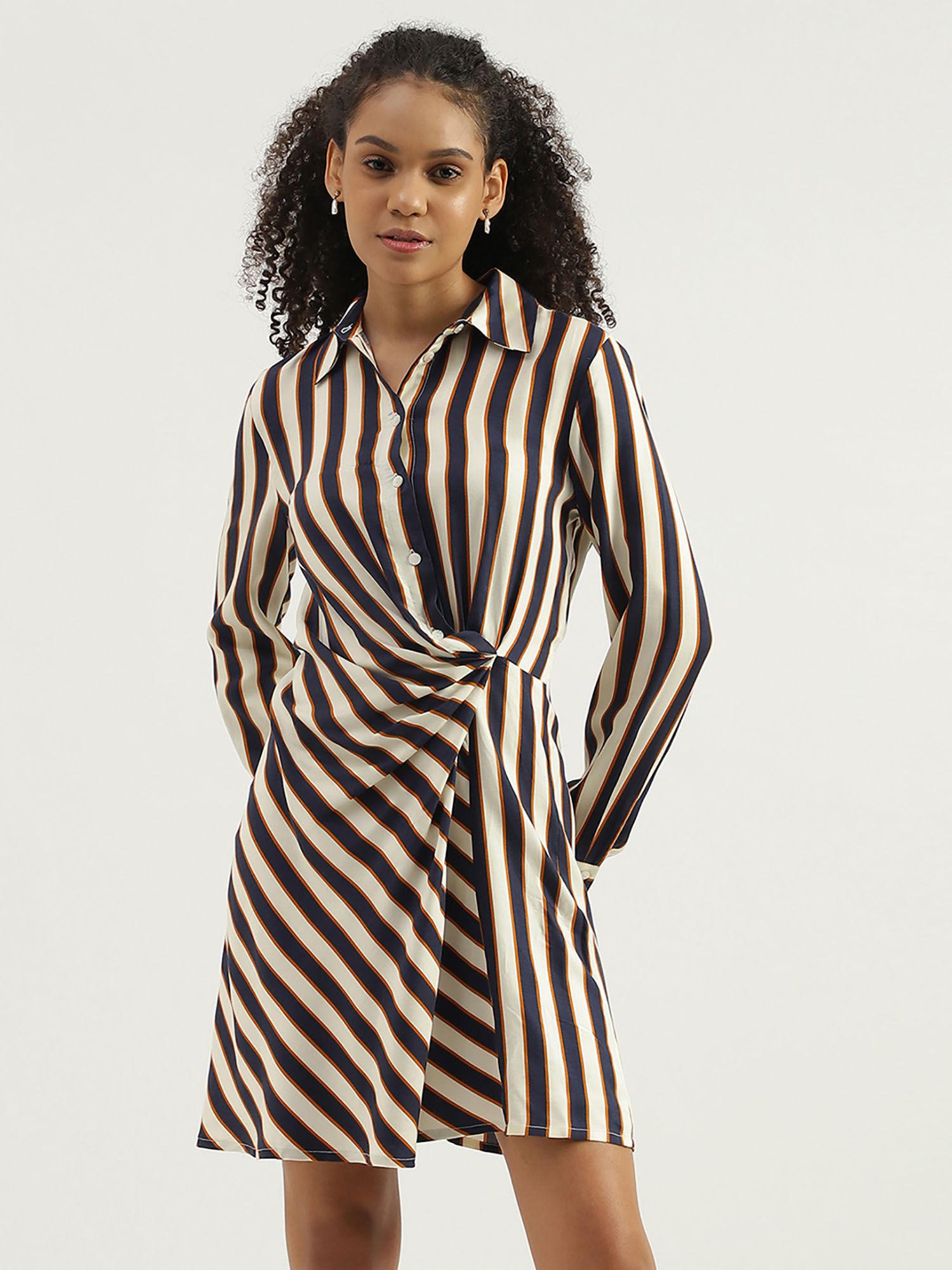 striped spread collar shirt mini dress