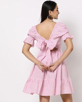 striped square-neck a-line dress