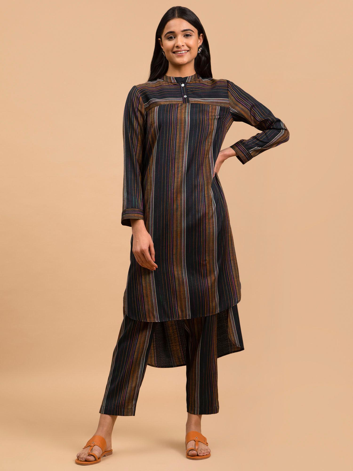 striped straight cotton kurta - black