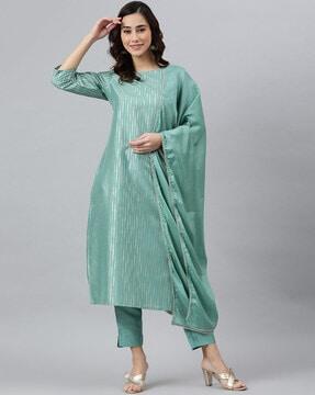 striped straight kurta set with dupatta