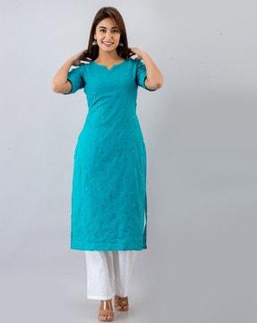 striped straight kurta set with mirror detail