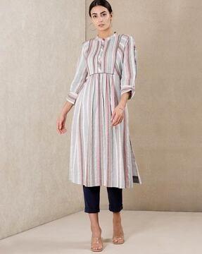 striped straight kurta with band collar