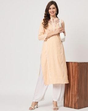 striped straight kurta with band collar