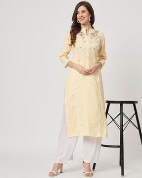 striped straight kurta with band collar