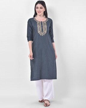 striped straight kurta with embellishemnts