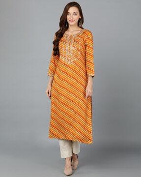 striped straight kurta with embroidered yoke