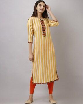 striped straight kurta with embroidery accent