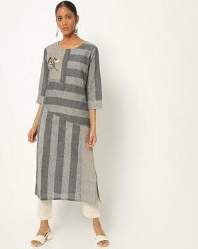 striped straight kurta with embroidery