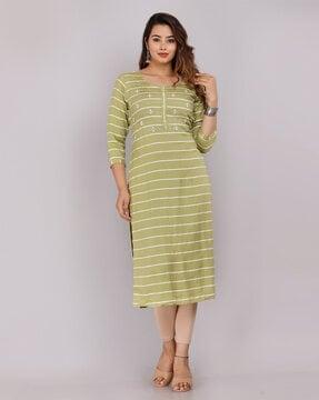 striped straight kurta with embroidery