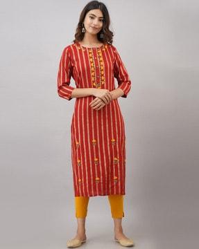 striped straight kurta with embroidery