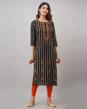 striped straight kurta with embroidery