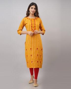 striped straight kurta with embroidery