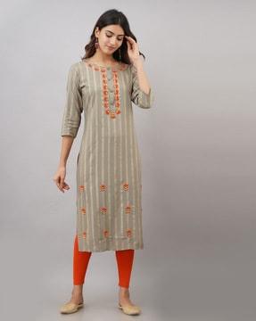 striped straight kurta with embroidery