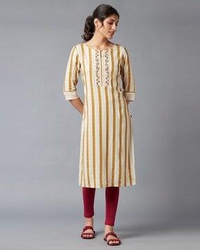 striped straight kurta with embroidery