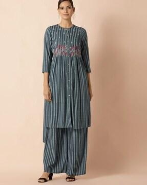 striped straight kurta with floral embroidery