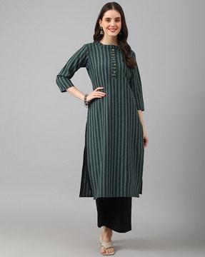 striped straight kurta with mandarin collar