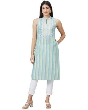 striped straight kurta with mandarin collar