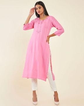 striped straight kurta with mirror accent