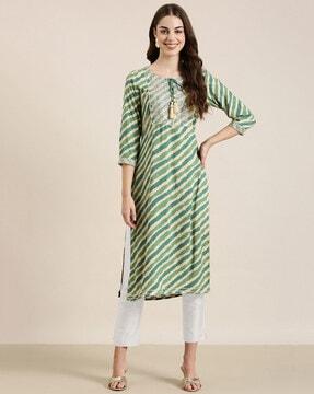 striped straight kurta with neck tie-up detail