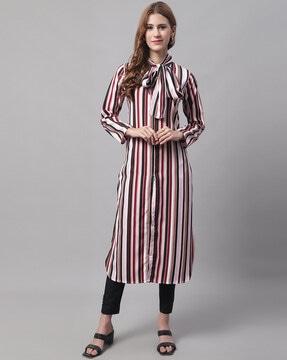 striped straight kurta with neck tie-up