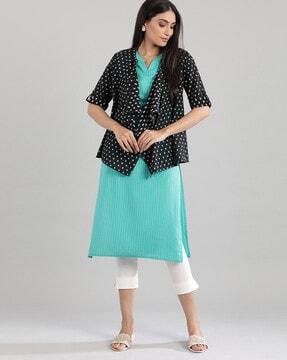 striped straight kurta with open-front shrug