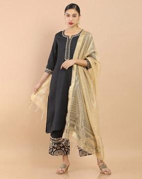 striped straight kurta with pants & dupatta