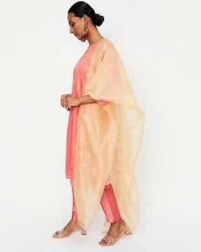 striped straight kurta with pants & dupatta