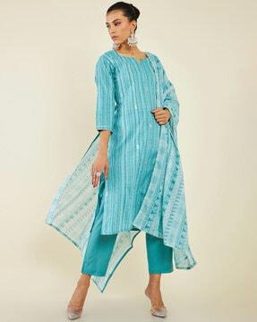 striped straight kurta with pants & dupatta