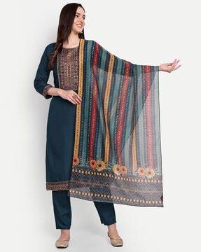 striped straight kurta with pants & dupatta