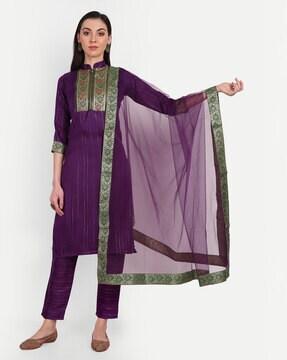 striped straight kurta with pants & dupatta