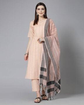 striped straight kurta with pants & dupatta