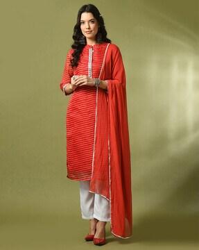 striped straight kurta with pants & dupatta