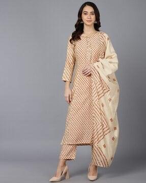 striped straight kurta with pants & dupatta