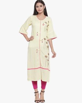 striped straight kurta with placement embroidery