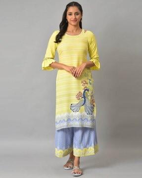 striped straight kurta with placement print