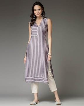 striped straight kurta with v-neck